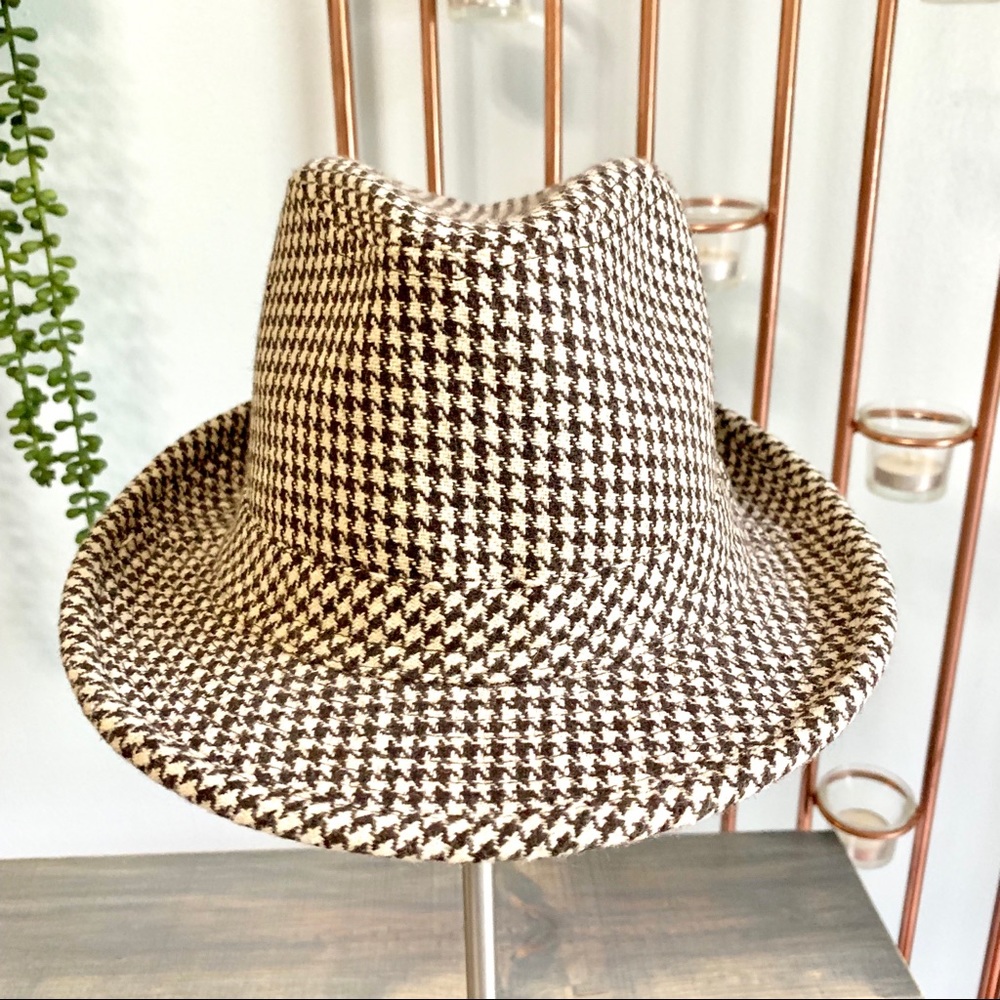 Houndstooth Wool Fedora Hat Brown & Cream - Picture 3 of 8